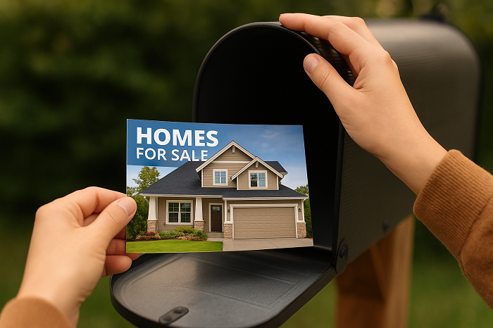 person opening mailbox and receiving a direct mail postcard advertising local real estate deals