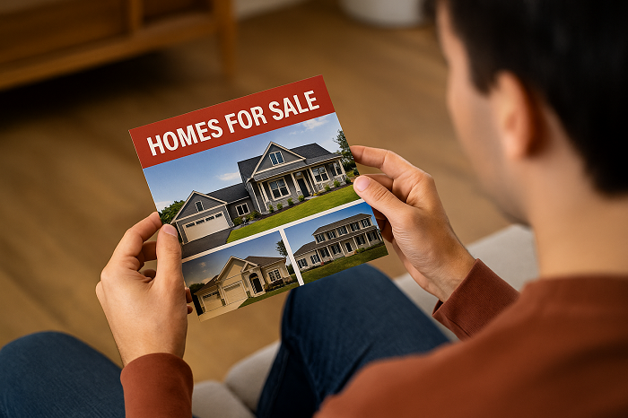 person reading over a direct mail postcard for local real estate marketing