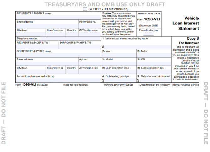 vehicle loan interest statement form 1098-VLI