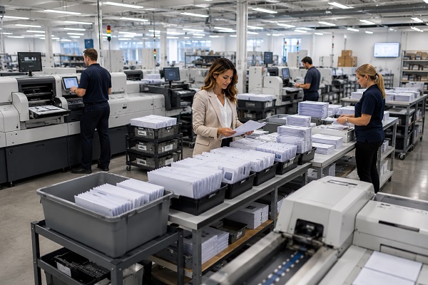Large-scale outsourced mail production facility with employees processing business communications
