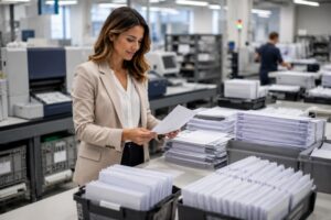 Professional reviewing printed business communications in a modern outsourced mail operations facility