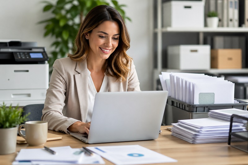 Woman examines outsourced mail services for secure and scalable business communications