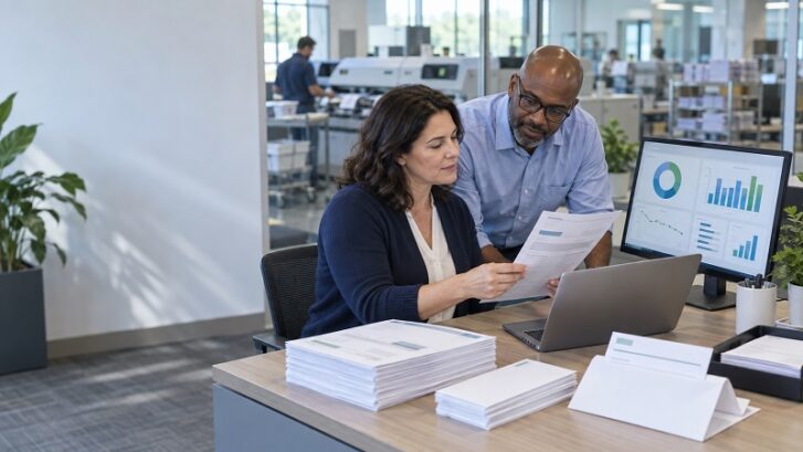 Credit union operations professionals review printed member statements and an electronic statement delivery dashboard.