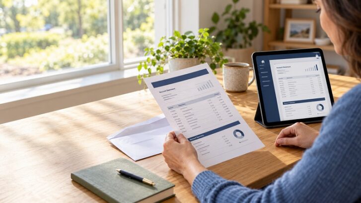 Credit union member reviewing a paper statement beside a matching digital statement on a tablet.